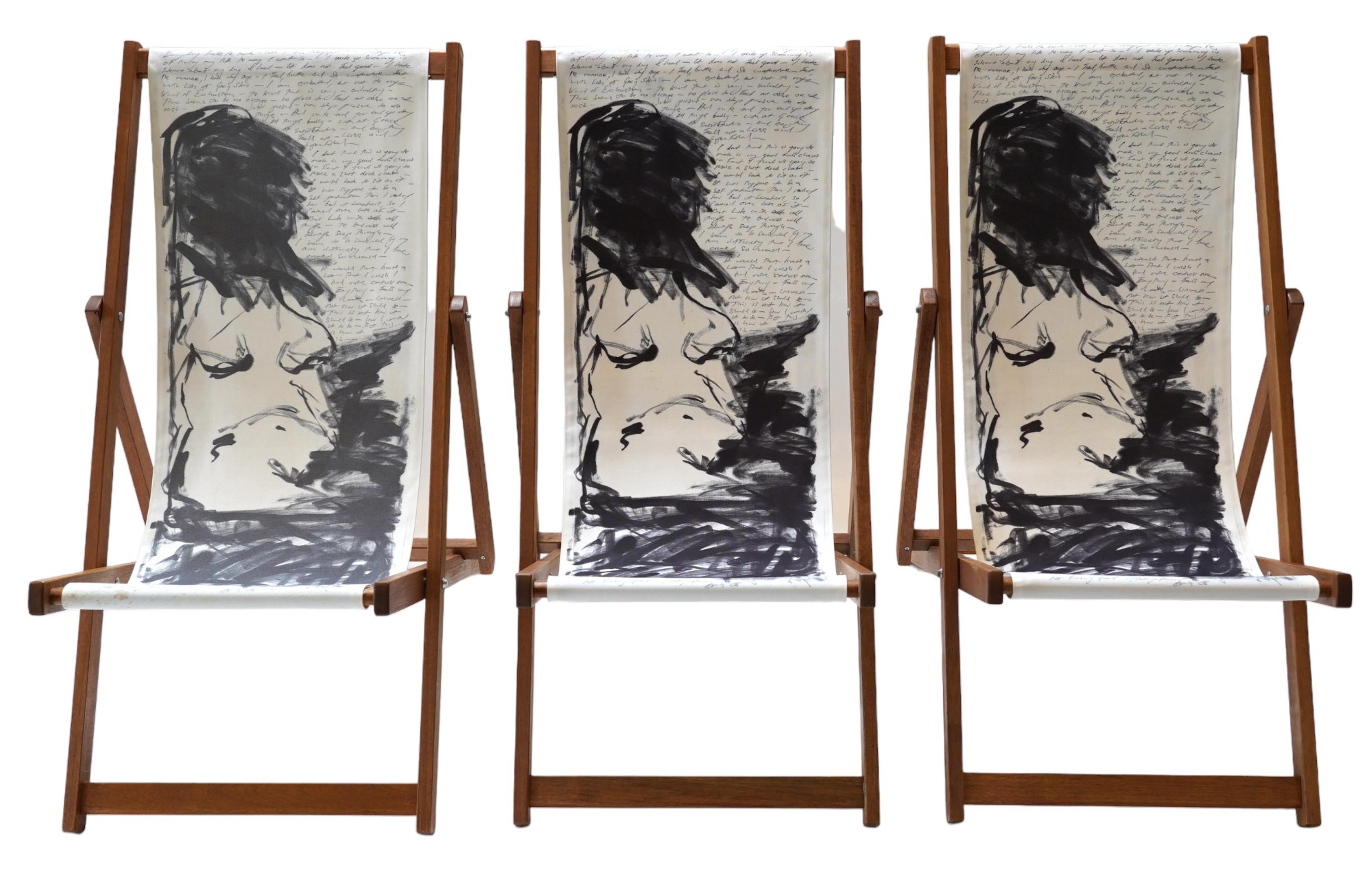 Tracey Emin (British, b.1963), 'Deck Chair, 2007', screenprint in colours on fabric with wood support (3), 96 x 97 x 58cm (assembled)